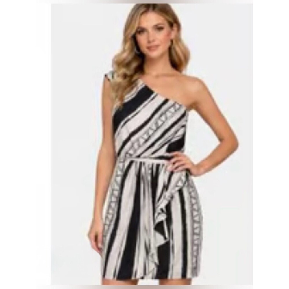 BCBGeneration black and cream abstract print one shoulder dress size 4